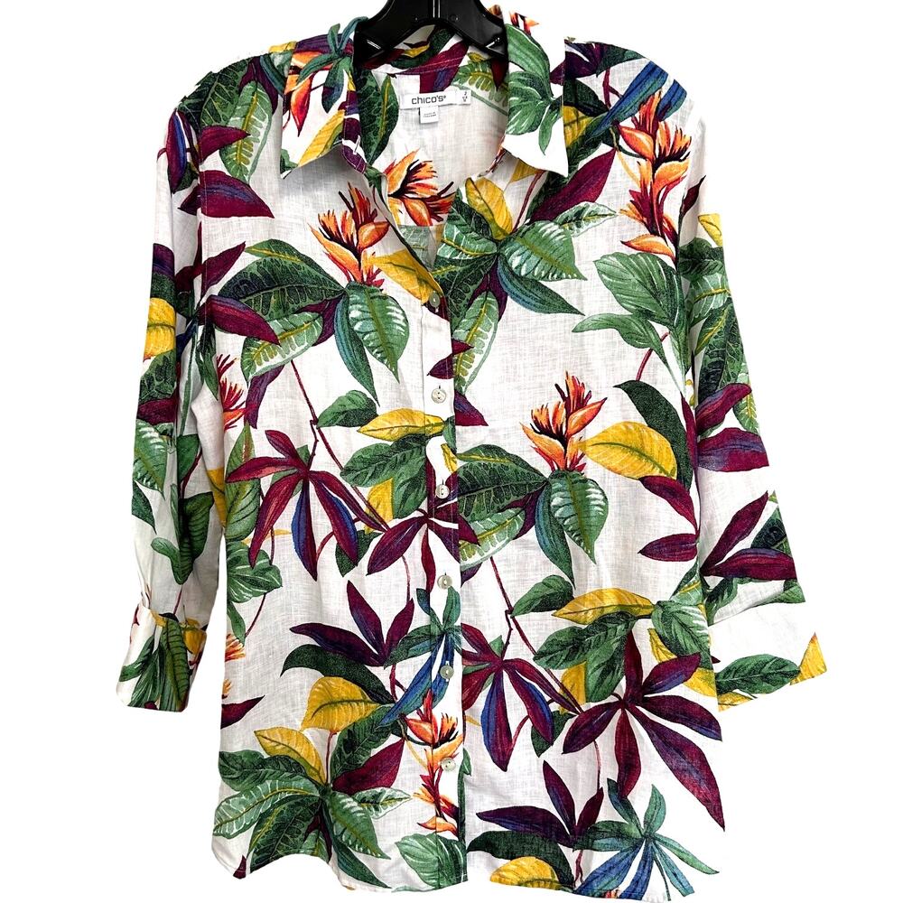 Chicos 100% Linen Tropical Floral Blouse Women's Size 2 US Size 12